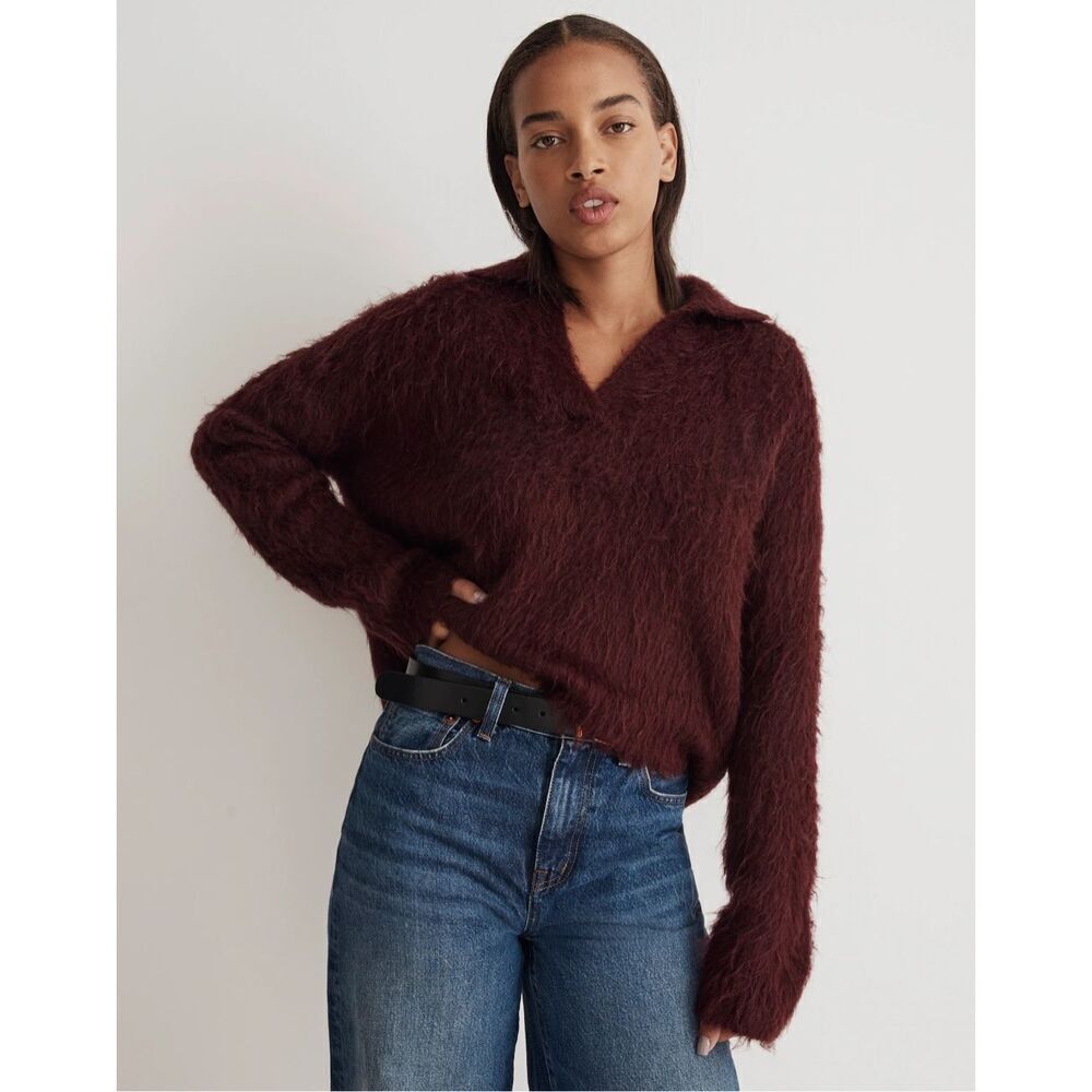 Madewell Brushed Polo Sweater size M Heather Currant Red Fuzzy Soft